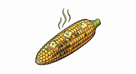 A delicious illustration of grilled corn on the cob, topped with melting butter and herbs