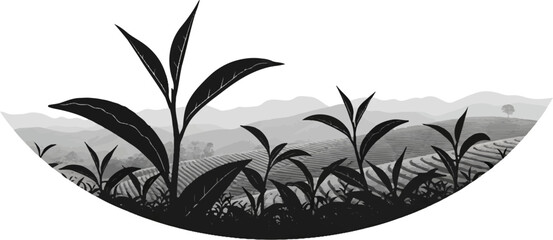 Lush green hills with terraced tea plantations and silhouetted tea leaves in a soft, hazy landscape