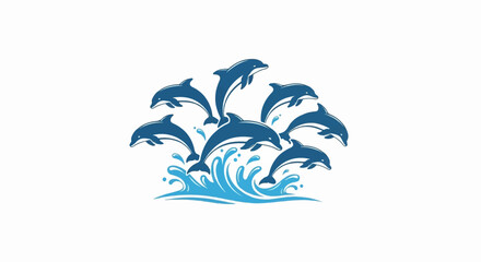 A pod of playful dolphins leaping joyfully through crashing blue waves