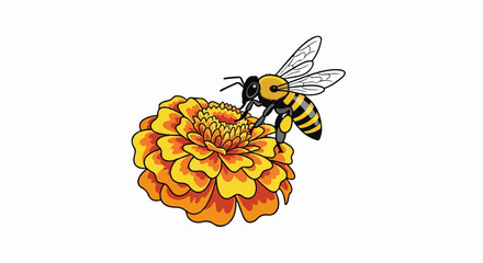 A bee with black and yellow stripes collects nectar from a vibrant orange flower