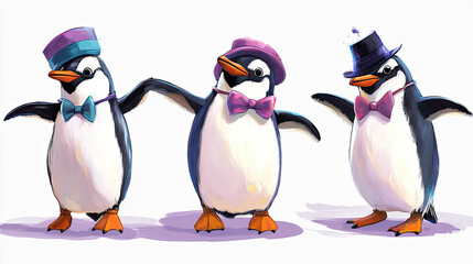 Fototapeta premium Three elegantly dressed penguins posing with style, wearing hats and bowties. Each one strikes a different pose. AI Generative