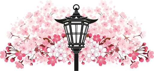 Silhouette of an Asian-style lantern surrounded by delicate pink cherry blossoms