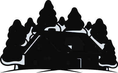 Rustic cabin nestled among towering evergreens with snow-dusted accents