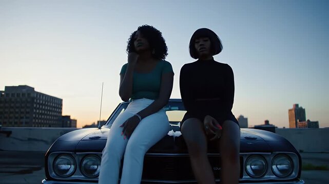 Two young women in casual outfits sitting on the hood of a vintage car at sunset on a rooftop with cityscape background with warm sky lighting and silhouettes