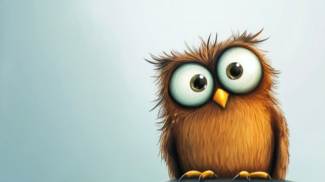 Cute Cartoon Owl with Large Eyes Looking at Camera AI Generative