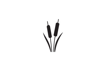 Black silhouette of cattails with green leaves on white background, simple vector illustration of aquatic plants