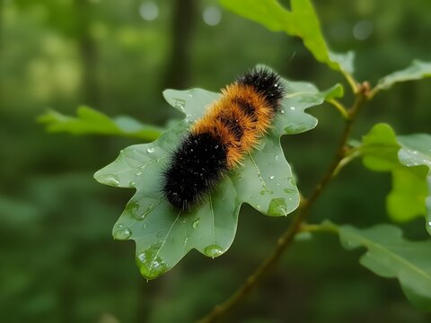 Isabella Tiger Moth Woolly Bear Caterpillar On Leaf
