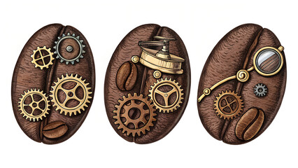 Steampunk Coffee Beans
Beans with tiny gears, brass pipes, goggles, and Victorian machinery details.