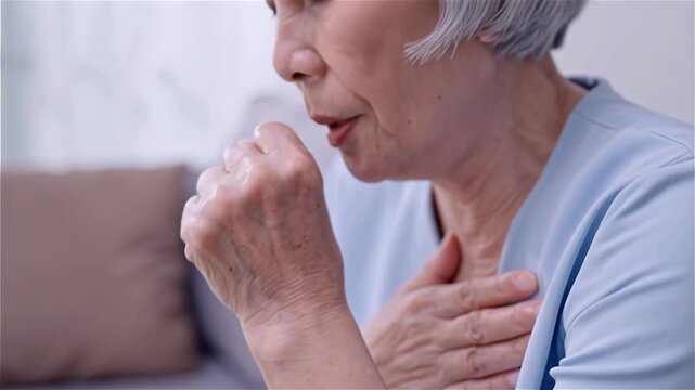 Close Up of Senior Woman Holding Chest and Coughing, Elderly Patient Experiencing Pain and Respiratory Illness, Medical Emergency
