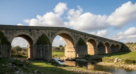 Fototapeta premium Ancient Roman stone bridge spanning a river in Tunisia at afternoon