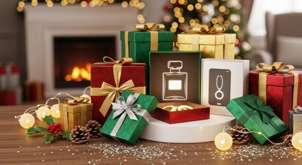 Christmas presents and decorations on a table with a fireplace in the background.