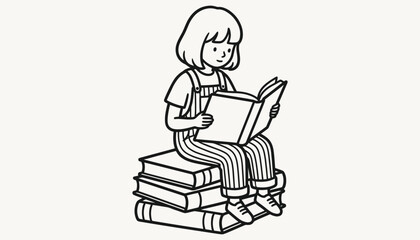 A girl sitting on a pile of books and reading