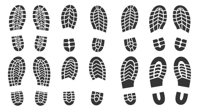 Collection of various black shoe and boot prints showing different sole patterns and textures on a white background.