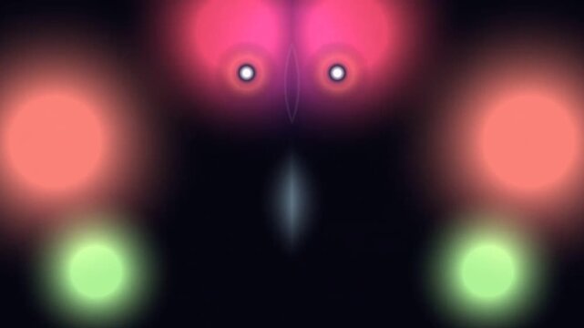 A close-up of a glowing entity's face with glowing eyes and colorful orbs surrounding it in a dark environment