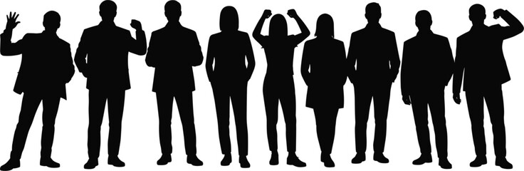 Silhouette of diverse group of people standing in a line with varied poses vector illustration