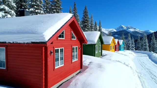 Winter Cottages Amidst Snow-Capped Majesty: A row of colorful cottages nestles amidst a pristine, snow-covered landscape.