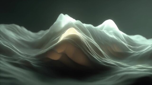 Soft white waves undulate in a dim environment, forming peaks and valleys with a gradient effect