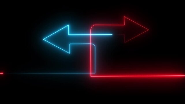 Glowing neon mask double arrow animation .neon double arrow animation. Flashing arrow shape symbol with glowing neon light running around the arrow symbol on a black background.4k video animation.