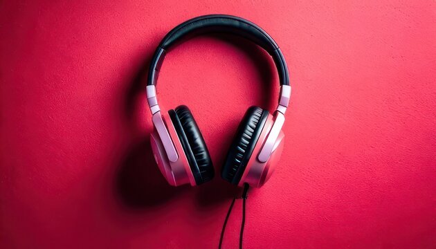 Pink headphones on a red background for listening to music.