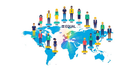 Obraz premium Illustration of diverse people standing on a world map highlighting equality on World Social Justice Day with a social justice infographic design.