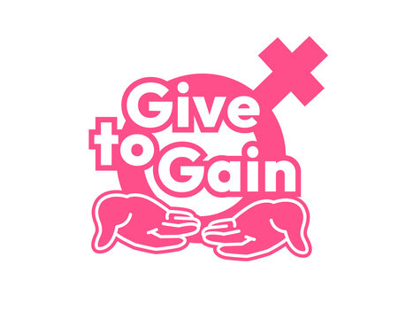 Give to Gain campaign sticker. International Women's Day 2026. Open palms inside gender symbol, cupped hands out front giving gesture showing generosity, collaboration and support for all women