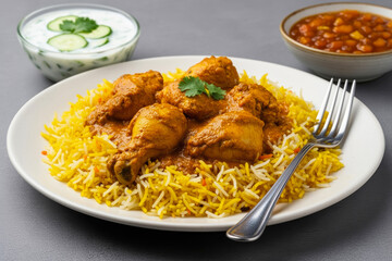 Savory chicken biryani with fragrant pilau rice, cilantro garnish, cucumber raita, mango chutney, served on white plate with fork