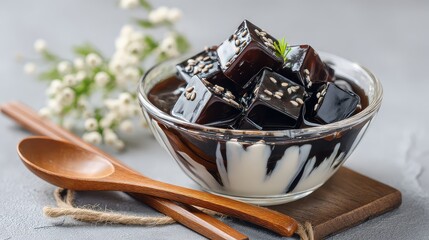 Grass Jelly Dessert (仙草冻), authentic Chinese herbal jelly dessert with glossy dark black jelly cubes, served chilled with light syrup and milk drizzle, Chinese Dessert