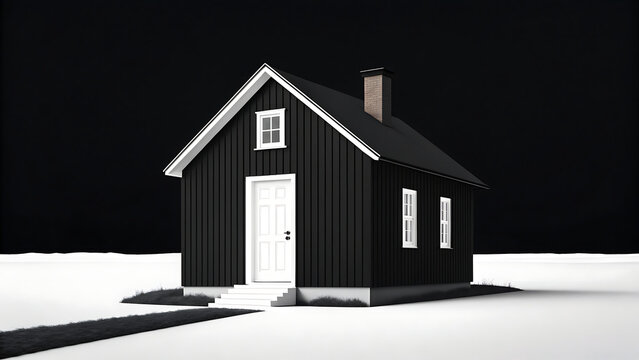Minimalist Black House Icon with White Door on Snow, Simple Architectural Symbol