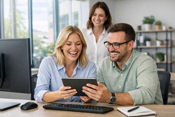 Team enjoys a light moment during office work