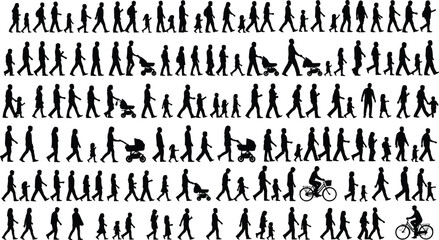Black silhouettes of diverse people walking, families with children, strollers, bicycles, everyday movement, urban lifestyle, community interaction, pedestrian illustration