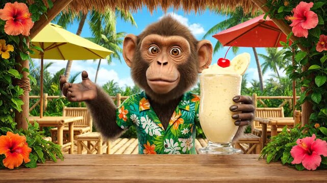 A monkey wearing a Hawaiian shirt holding a cocktail on a tropical beach bar counter with umbrellas and tables around