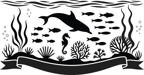 Underwater Scene Silhouette with Dolphin, Fish, Seahorse, and Coral on White Background illustration © MdShahin
