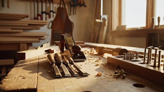 A sunlit workshop showcases woodworking tools on a wooden workbench, including chisels and a hand plane