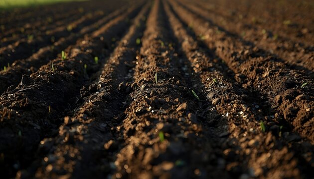 Freshly plowed agricultural field with neat furrows in rich dark soil.