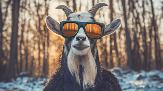 A cool goat with sunglasses, standing in a sunny, snowy forest setting AI Generative
