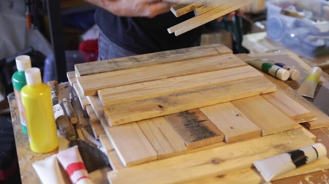 Woodworking DIY arranging wood boards prior painting on work table