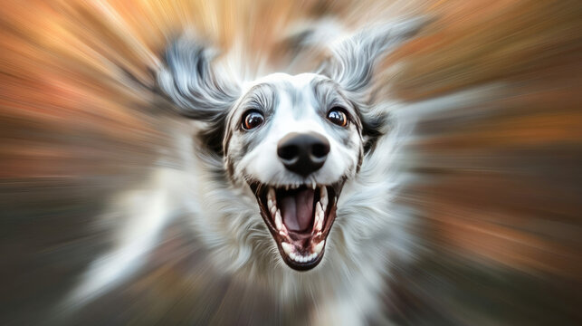 A fast-moving dog in blurred zoom shot with open mouth, as if in mid-scream AI Generative