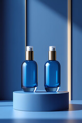 Naklejka premium Two luxurious blue glass cosmetic serum bottles with gold accents on a minimalist blue podium, featuring soft studio lighting and shadows