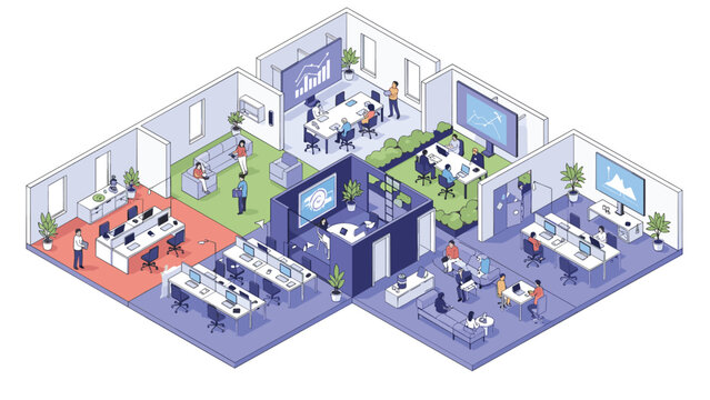Modern isometric office layout showing various departments with people working in cubicles, meeting rooms, and collaborative spaces.