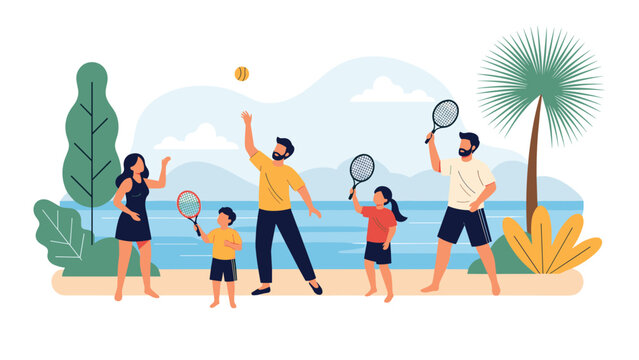 Happy family with parents and children playing tennis together on sandy beach with ocean and palm trees in tropical setting.
