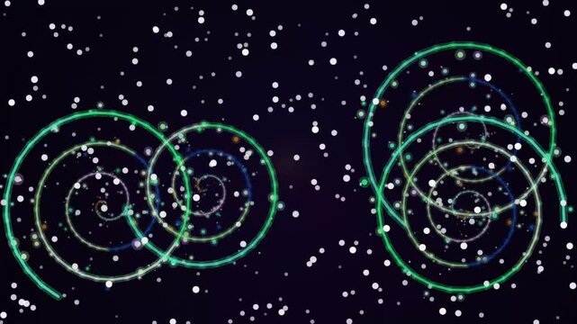 Stylized atom models with orbiting particles against a starry night sky visual representation