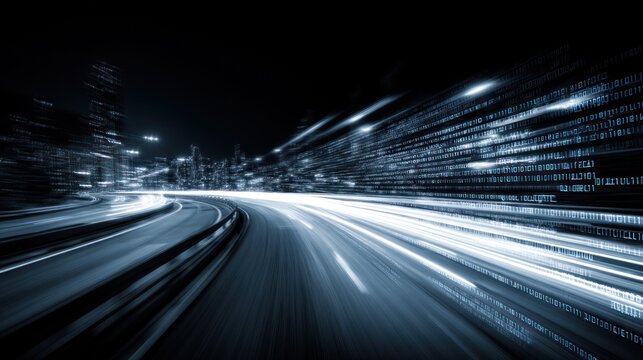 Road with light trails and digital binary code at night