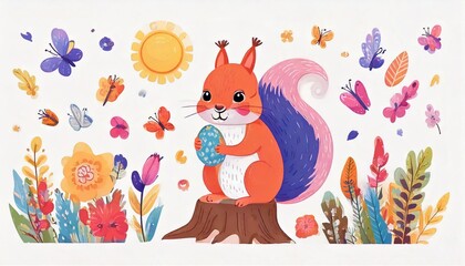 切り株に座ってクルミを持っているリスのイラスト