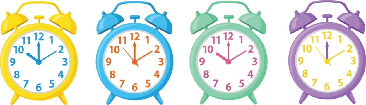 Four colorful cartoon alarm clocks in a horizontal line, featuring yellow, blue, green, and purple colors, isolated on white.
