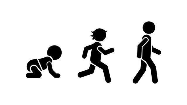 human development phases a baby crawling a child running and an adult walking depicted as silhouettes symbolizing growth progression.