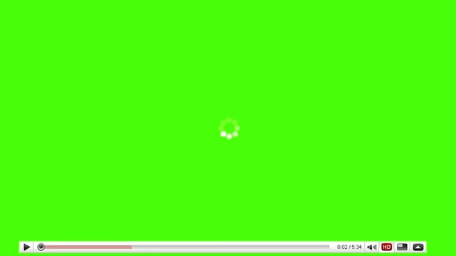 Green screen loading buffer animation with circular progress indicator and video player interface, chroma key background for transition, overlay, streaming, and digital media projects