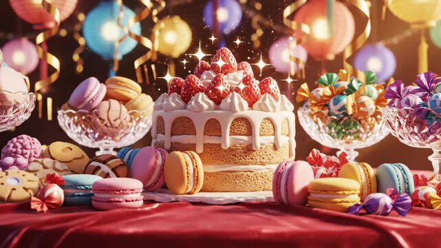 A sweetsfilled scene featuring a cake with strawberries surrounded by macarons and candies on a redclothed table with lanterns in the background