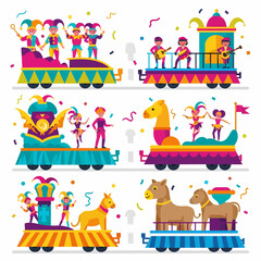 Colorful illustration of six festive carnival parade floats with jesters, dancers, musicians, and decorative animals, celebrating a vibrant cultural event.