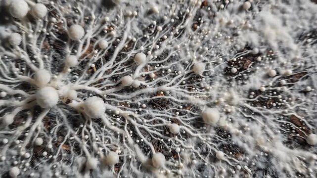 White mycelium growing on soil. Detailed fungal mycelium network with branching hyphae and small spherical spores on dark substrate, macro close‑up, no people.