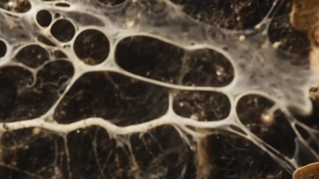 Close-up of fungal mycelium network in soil, white filamentous structure of mushroom roots underground